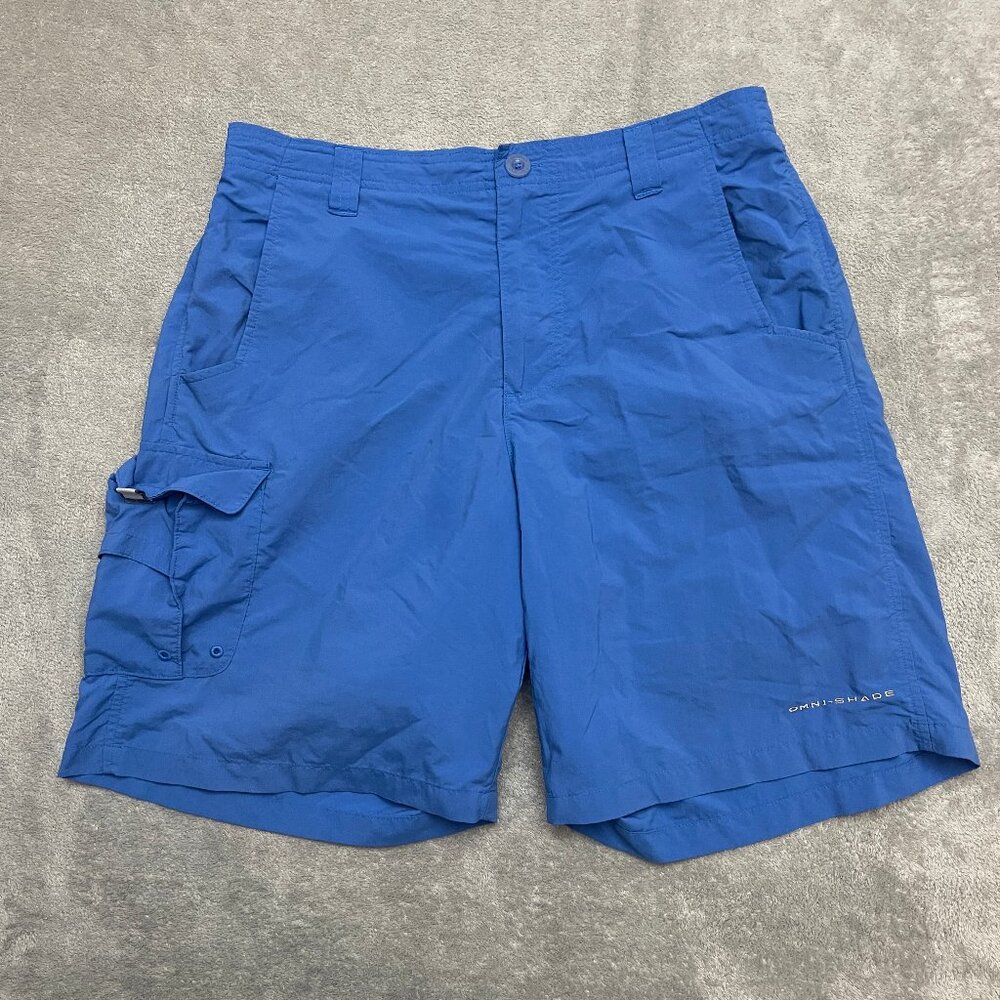 Columbia PFG Cargo Shorts Men Small Blue Omni-Shade Nylon 8” Inseam Outdoor